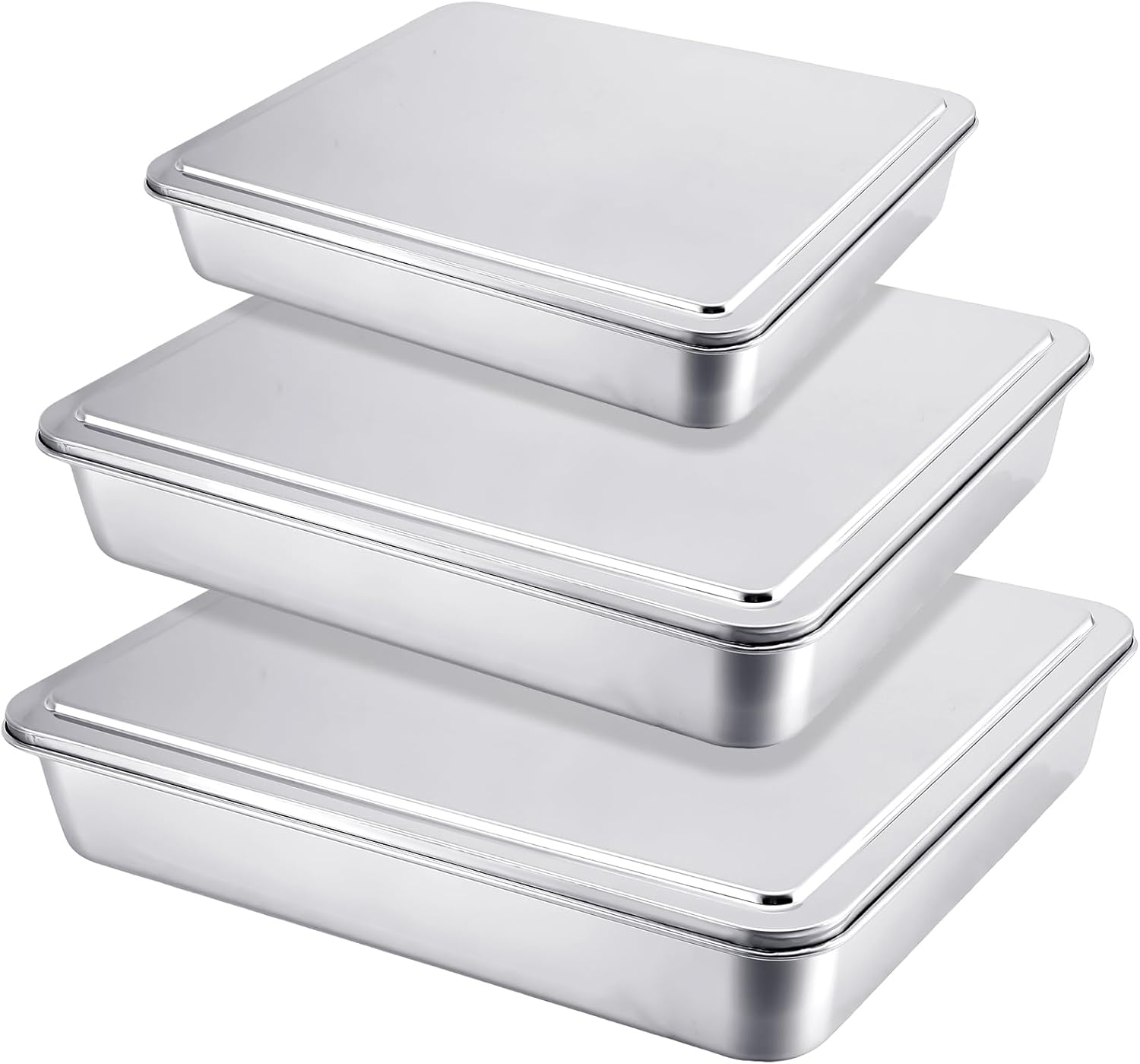 Tioncy Stainless Steel Cake Pan Set - 3 Rectangular Baking Pans with Lids | 13, 11, 9 Inch for Versatile Baking