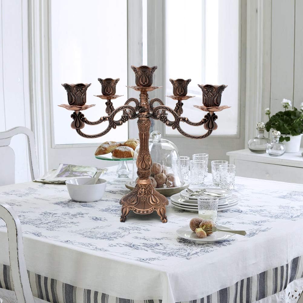 Skiennix Metal Candelabra - 5-Candle Holder for Home & Wedding Events | 10.1 Inch Tall, Red Bronze