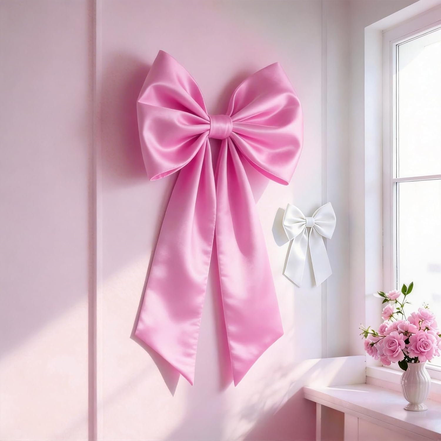 Skiennix Pink & White Bow Decor - 2 Pack Large & Small Coquette Room Backdrop for Events