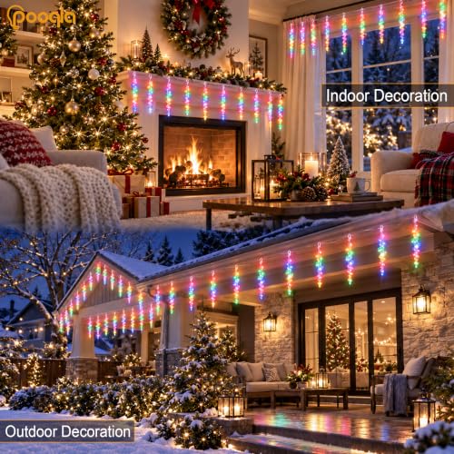 Pooqla Icicle Lights Outdoor Christmas 12 Tubes 120 LED Colorful with 8 Modes