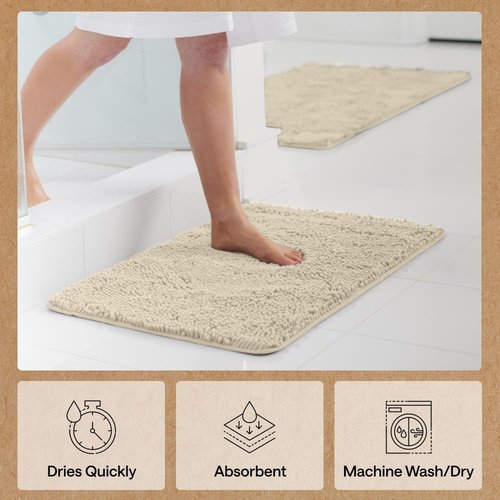 GORILLA GRIP Bath Rug Mat - Thick Soft Absorbent Chenille | Quick-Dry Microfiber, 44x26, Washable Sand