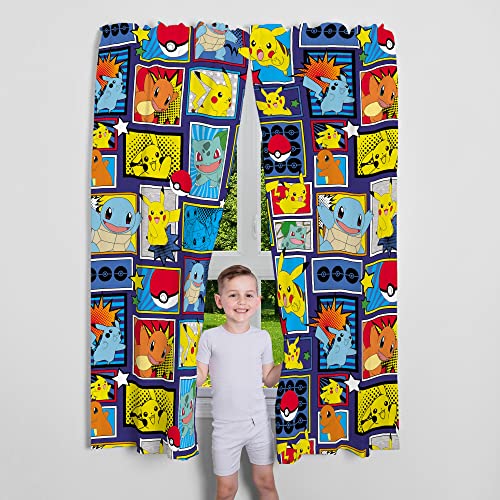 Kids Window Curtains Set - Pikachu, Charmander, and Squirtle Print, 82x63 In