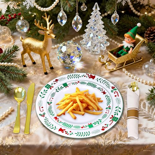 Sylans 175pcs Christmas Plates Disposable Dinnerware Set for 25 Guests Xmas04