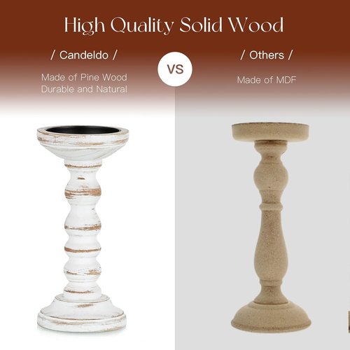 Candeldo Wood Candle Holders - Rustic Pillar Candle Holder Set of 3 | Tall Shabby Chic Decor for Farmhouse Mantle