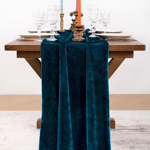 Socomi 2pcs Peacock Velvet Valentine's Day Table Runner Cloth Decor 20 x 120 Inches 10ft Fabric Luxurious Thanksgiving Wedding Runner for New Year Bridal Shower