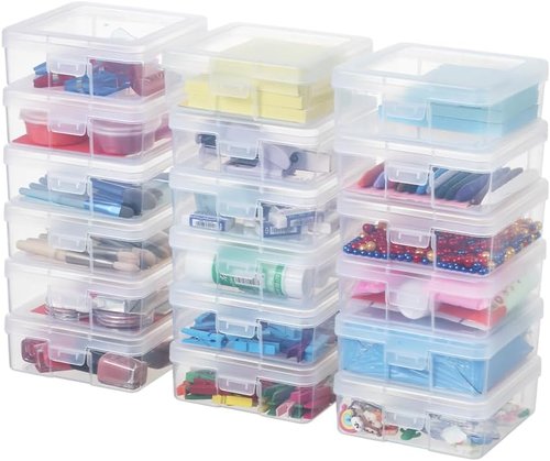 18 Pack Storage Containers - Clear Plastic Boxes with Latching Lid | Small 5” x 5” x 1.9” for Office & Beauty