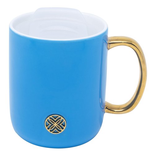 Lilly Pulitzer Ceramic Coffee Mug, 13 Oz Tea Cup with Silicone Lid and Gold Logo, Cute Mug with Gold Handle (Blue Stream)