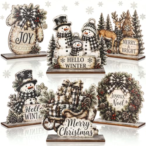 Novabright Snowman Christmas Table Decor Set of 6 - Farmhouse Wood Signs