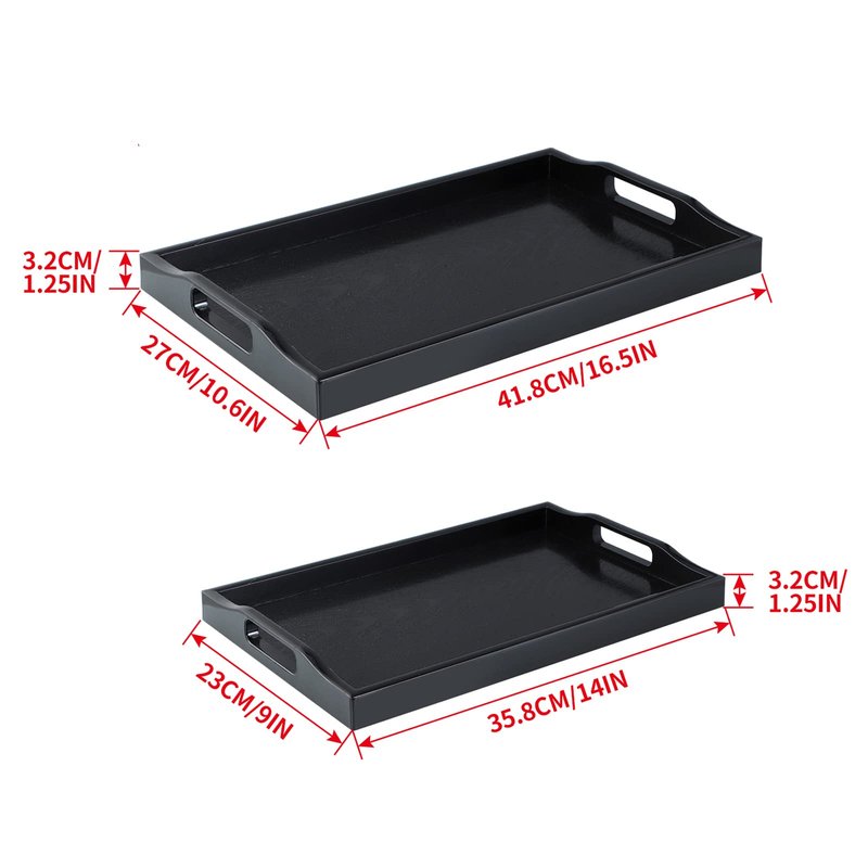 MDLUU Set of 2 Plastic Serving Tray, Ottoman Tray with Cutout Handles, Rectangle Butler Tray for Breakfast in Bed, Coffee Table, Kitchen Countertop (Black)