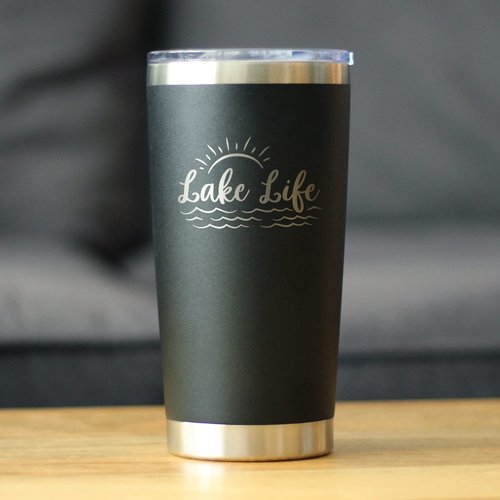 Lake Life - Insulated Coffee Tumbler Cup with Sliding Lid - Stainless Steel Insulated Mug - Cute Outdoor Camping Mug and Lake House Decor - Black
