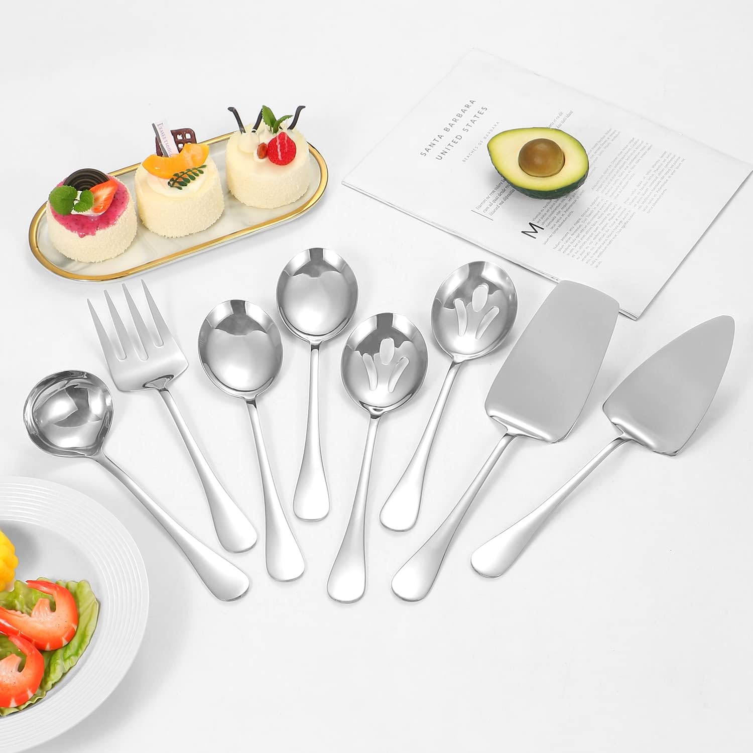 Polished Stainless Steel Serving Utensils Set - 8-Piece Serving Spoons, Forks & Ladles for Parties | Dishwasher Safe