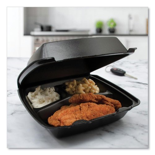 Dart 85HTB3R Med Perforated Black 3 Comp Foam Hinged Container, 8.5 in, Black (Case of 200)