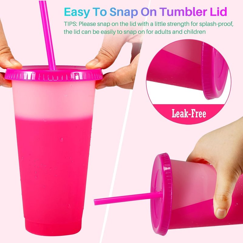 EASEVE Color Changing Cups with Lids and Straws - 12 Packs 24 oz Reusable Plastic Tumblers with Lids and Straws for Adults Kid Party, Bulk Tumblers for Iced Coffee Tea and Smoothie (with Straw Cover)