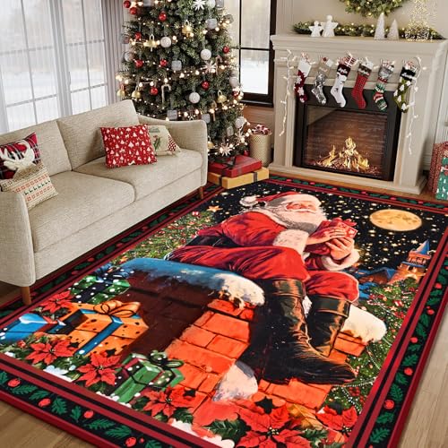 Likiyol Red Christmas Area Rug 3x5 ft Santa Claus Non-Slip Washable Faux Cashmere