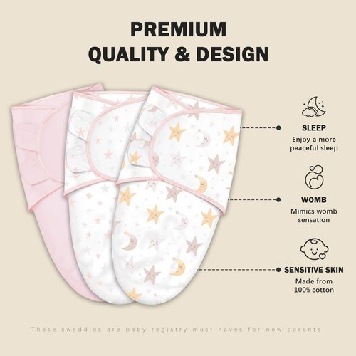 Cute Castle Baby Swaddle Sleep Sacks - Ergonomic Newborn Swaddle Blankets | 3-Pack (0-3 Months - Pink, Moon, Stars)