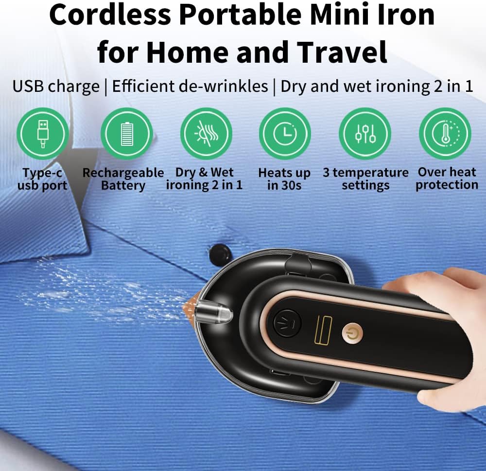 Skiennix Cordless Mini Iron - Portable USB Rechargeable Handheld Steam Iron for Travel | Black