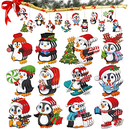 Penguin Christmas Tree Ornaments 48-Pack Wooden Decorations with Rope