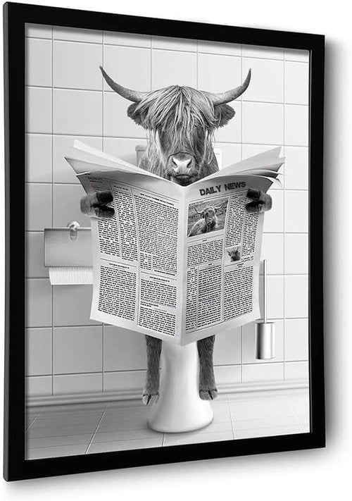 Highland Cow Wall Art by Framed Decor - Funny Black and White Bathroom Canvas Print | Ready to Hang (11''x14'')