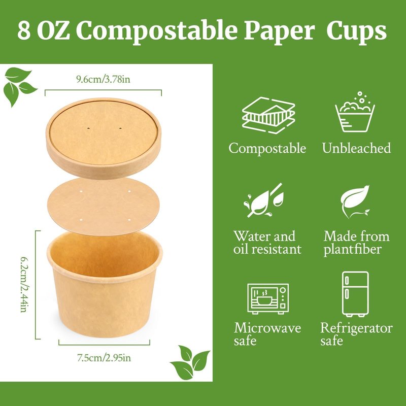 Giwrmu 8 Oz Disposable Paper Soup Cups, 50 Pack Kraft Paper Cups, Soup Containers with Vented Lids, Microwave Safe Party Cups, Eco Friendly Alternative to Plastic Containers