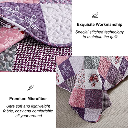 Dinjoy Purple Patchwork Quilt Set Queen - 3 Piece Microfiber Bedspread