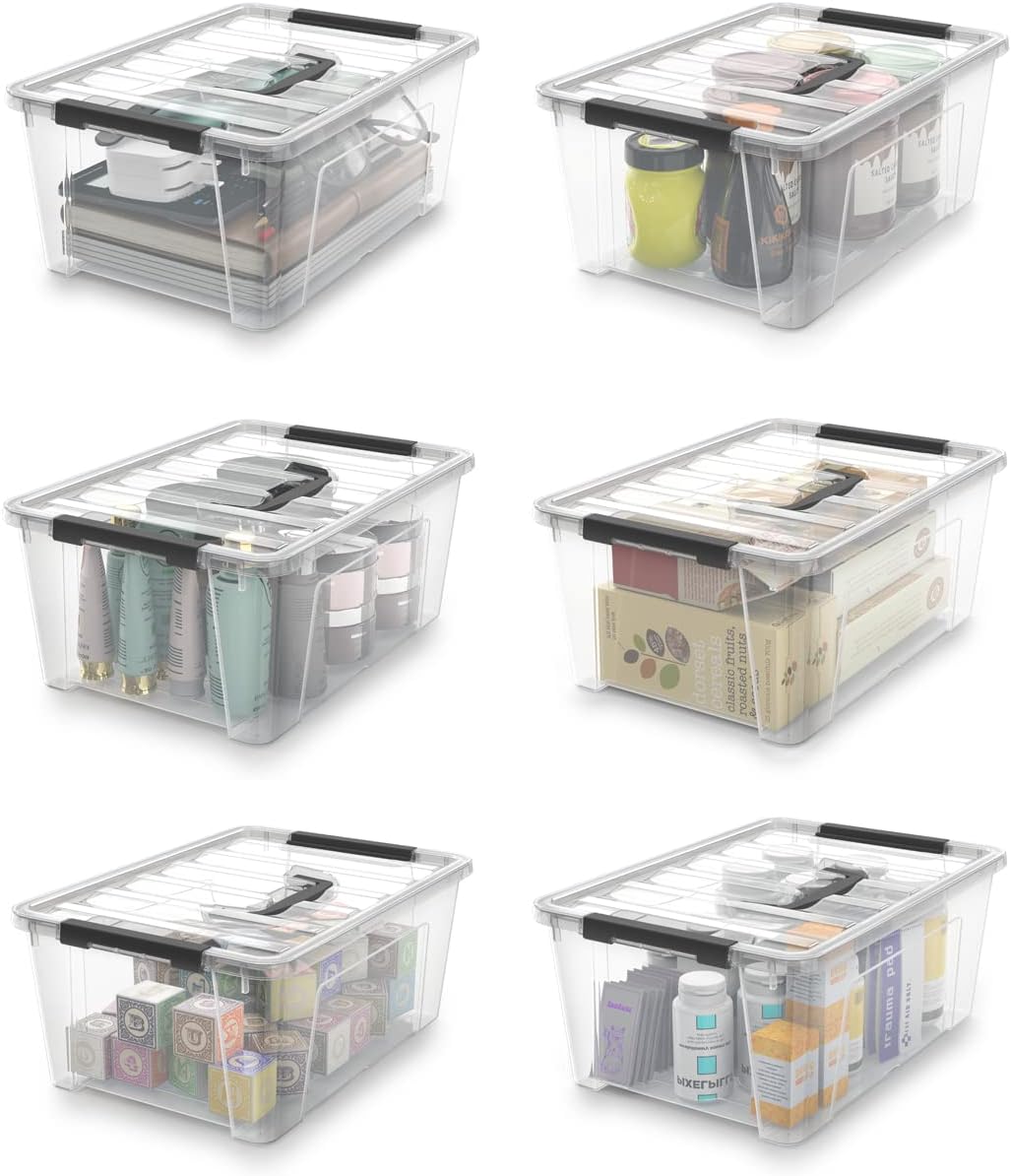 WYT Clear Storage Latch Bins - 6-Pack Organizer Boxes with Handles and Lids | 5-Litre Capacity