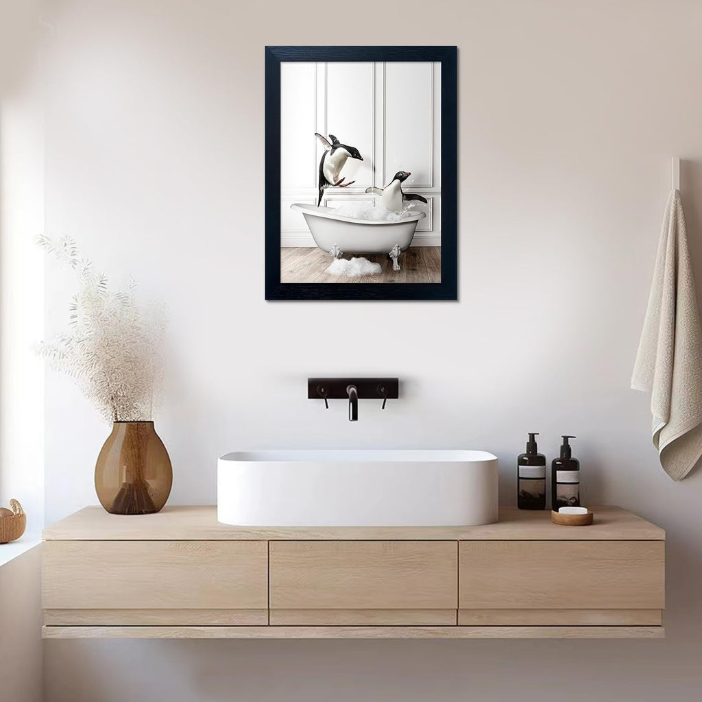 Skiennix Kids Bathroom Wall Decor - Cute Penguin Canvas Print | Funny Black and White Art