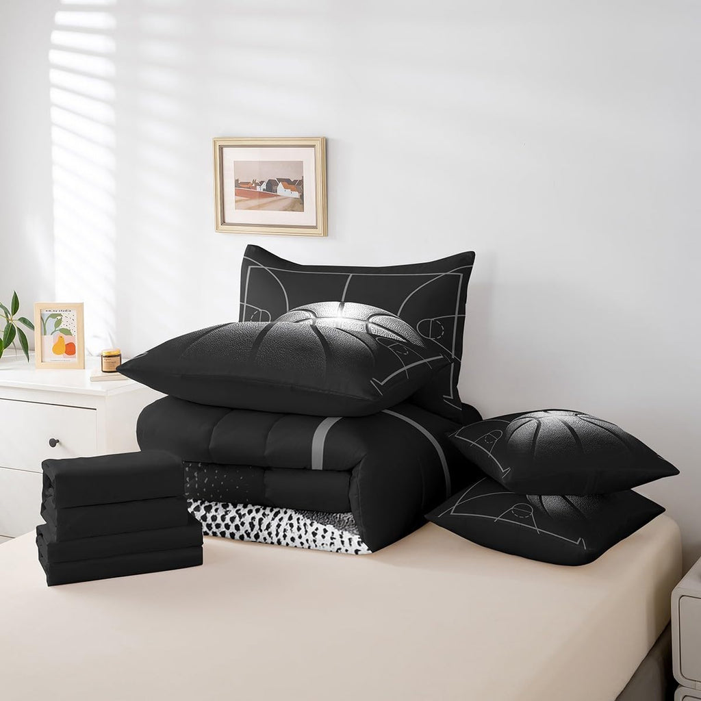 Erosebridal Basketball Comforter Set 7 Pcs Full for Kids,Sports Bed in A Bag for Boys,Basketball Court Bedding Sets for Fan,Black Ball Game Reversible Bed Sets with Sheet Set,Pillow Case for Bedroom
