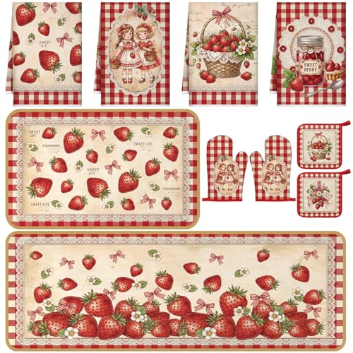 10-Piece Rustic Strawberry Kitchen Decor Set with Towels, Rugs, and Mitts