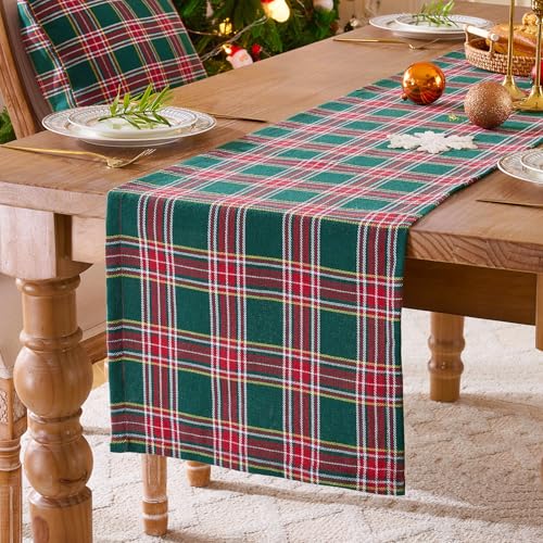 JOJOGOGO Green Tartan Plaid Christmas Table Runner 108 x 13 Inches - Festive Holiday Decor