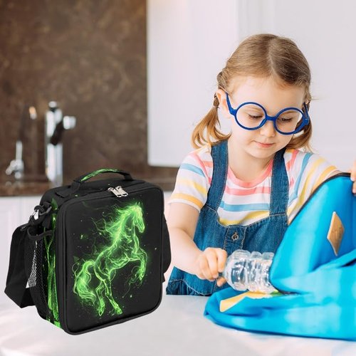 Pardick Lunch Box for Kids Boys Girls Green Fire Horse Kids Lunch Bag Insulated Lunch Bag Tote with Adjustable Shoulder Strap Teens Lunchbox Cooler School Picnic