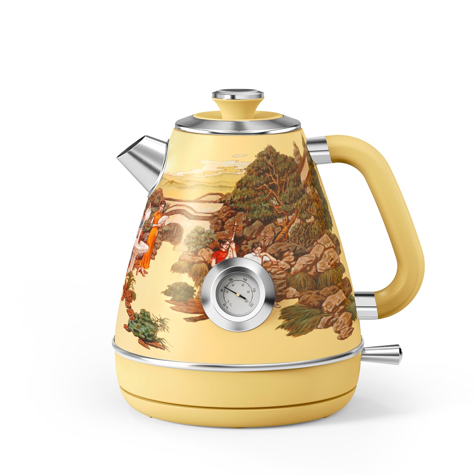 Hazel Quinn Retro Electric Kettle - 1.7 Liters / 57.5 Ounces Tea Kettle with Thermometer, All Stainless Steel, 1200 Watts Fast Boiling, BPA-free, Cordless, Automatic Shut Off - Garden Scenery