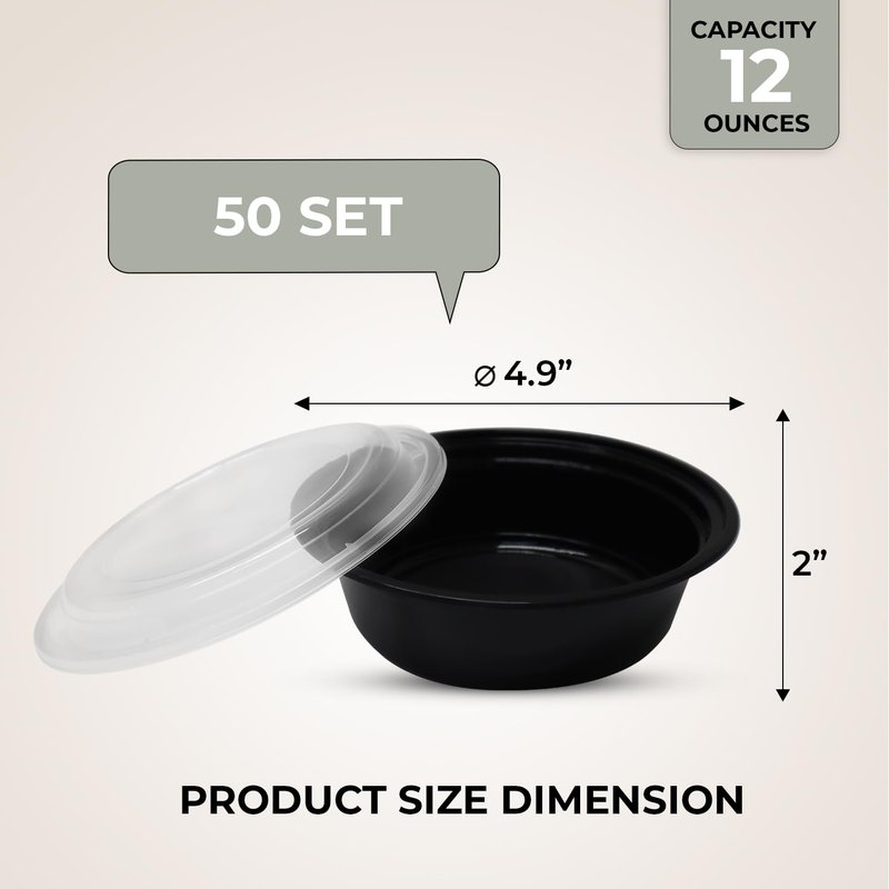 Klex 12 Oz, 50 Sets Meal Prep Containers with Airtight Lids, BPA Free, Reusable Plastic Food Container, 12 oz, Round, Black/Clear, 50 Sets