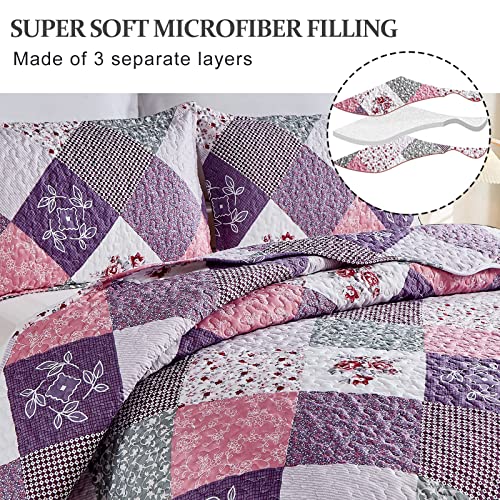 Dinjoy Purple Patchwork Quilt Set Queen - 3 Piece Microfiber Bedspread