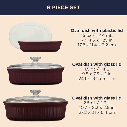 CorningWare Ceramic Bakeware Set - Chip & Crack Resistant Stoneware | 6-Piece French Cabernet, Microwave & Oven Safe
