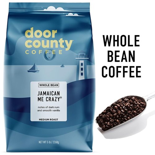 Door County Coffee Jamaican Me Crazy® Flavored Coffee - 5lb Whole Bean - Medium Roast - Rum & Vanilla Gourmet Blend