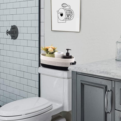 Farmhouse Cotton Rope Toilet Basket - Stylish Bathroom Decor & Organizer | 13"x5.9"x4" Black