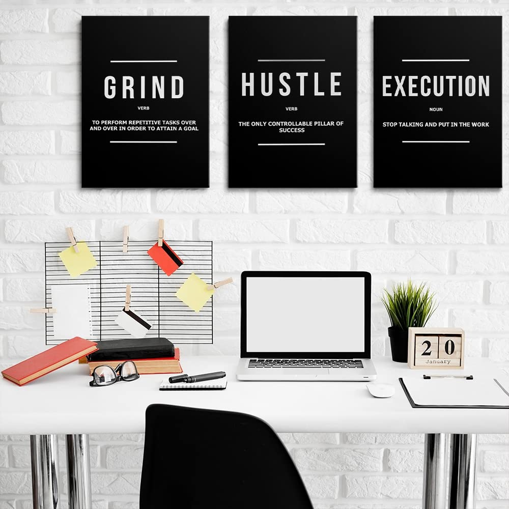 GUBIYU Black and White Motivational Wall Decor for Living Room Grind Hustle Execution Canvas Wall Art Pictures Large Office Wall Art Inspirational Posters for Men Guys Bedroom Gym Decor 16"x24"