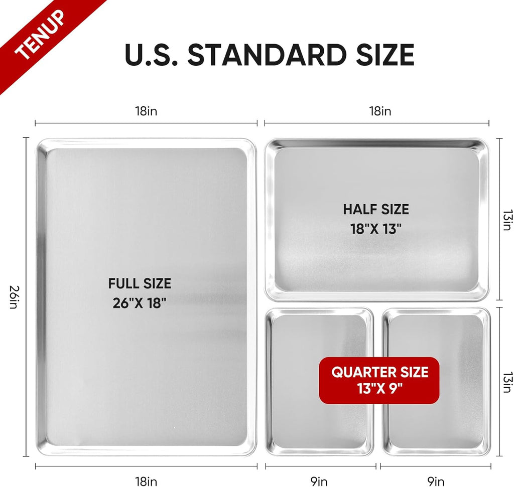 TENUP 6 Pack Aluminum Quarter Sheet Pan - Heavy Duty 13" x 9" Baking Tray | Warp-Resistant & Rust-Free