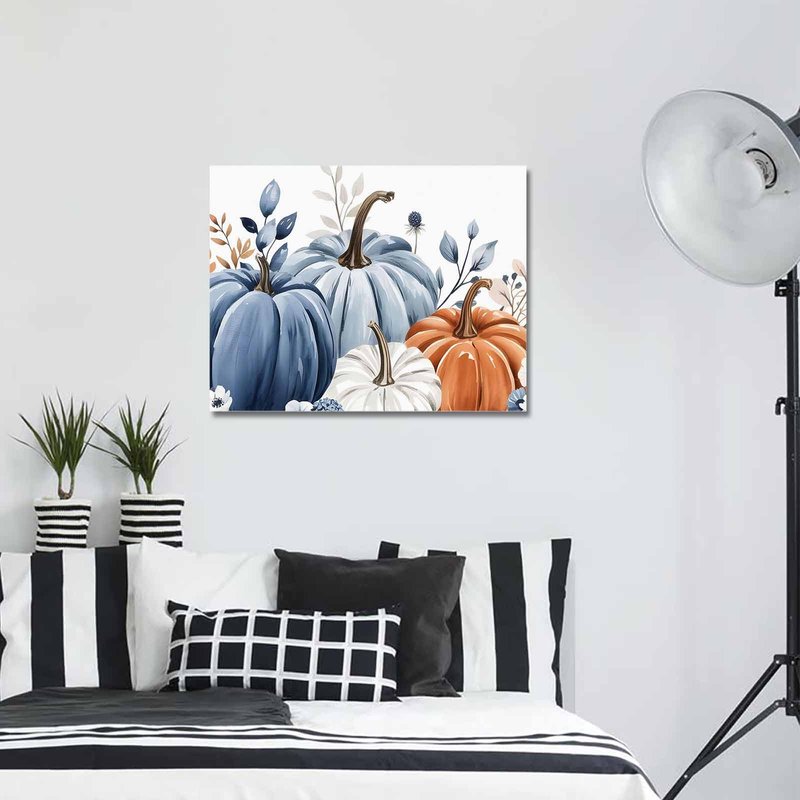 Fall Canvas Wall Art - Thanksgiving Blue Leaves Pumpkin White Background - Modern Wall Decor Gallery Canvas Wraps Giclee Print Stretched and Framed Ready to Hang - 20" x 24"