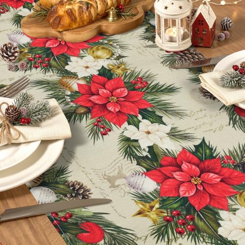 Bonhause Christmas Poinsettia Table Runner 13x72 Inch Holiday Decor, Red & Green