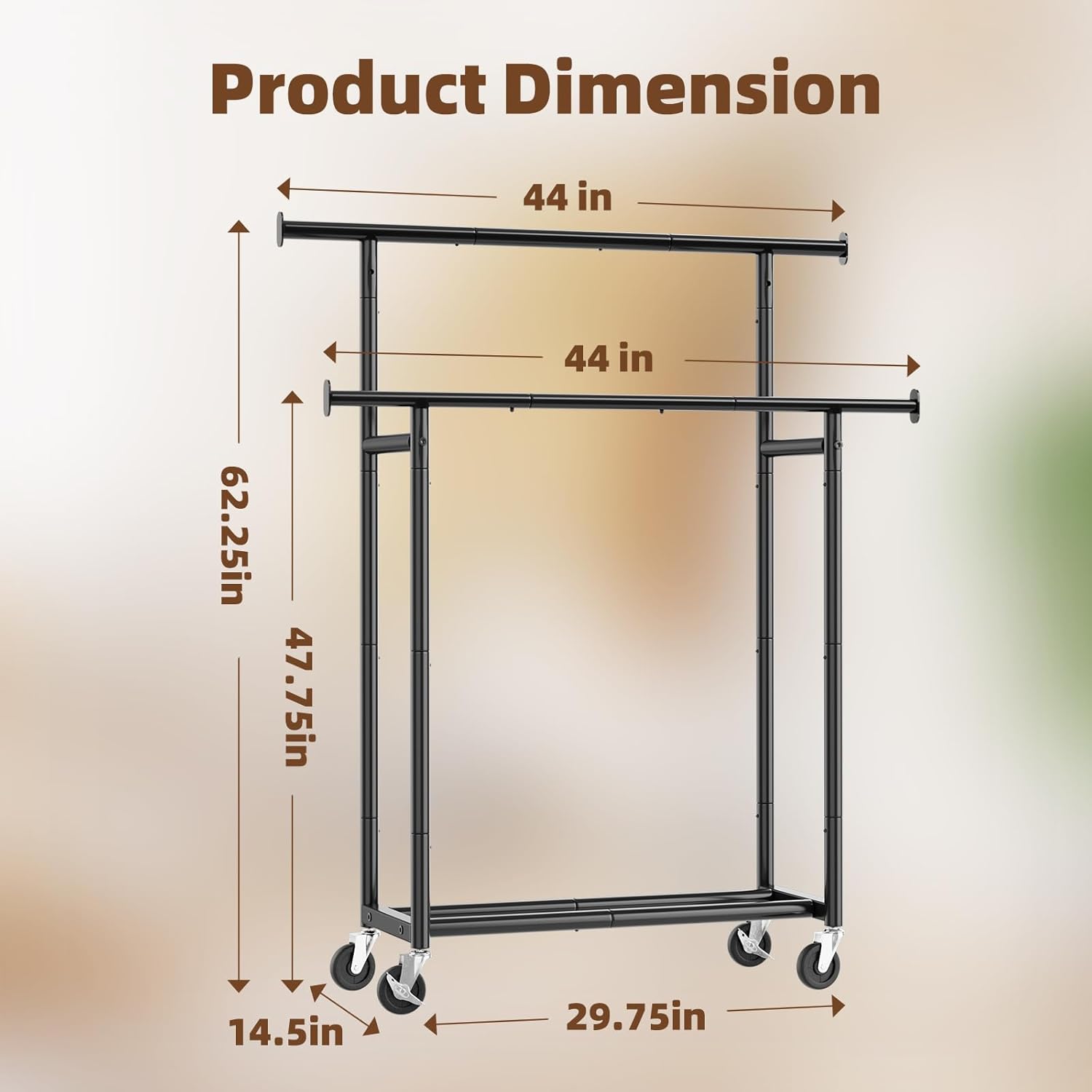 Skiennix Double Rod Clothing Rack - Portable Metal Garment Rack with Rolling Wheels | Black