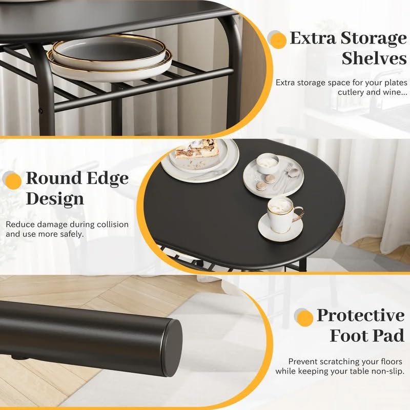 3-Piece Round Dining Table Set for 2 with Storage Shelf and Metal Frame