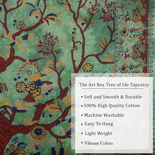Green Tree of Life Tapestry Wall Hanging - 100% Cotton (85x90 Inch)