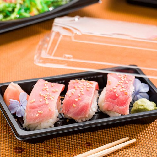 Restaurantware Roku 6.9 x 3.75 Inch Sushi Trays 100 Disposable Sushi Containers With Lids - Medium Rectangle Black Plastic To Go Containers For Appetizers Entrees or Desserts