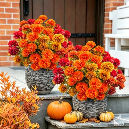 Artificial Chrysanthemum Topiary Bushes - UV Resistant Fall Decor, Set of 2