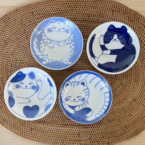 Japanese Ceramic Cat Design Small Plate Set for Soy Sauce & Desserts - Minoyaki, 4 Pcs