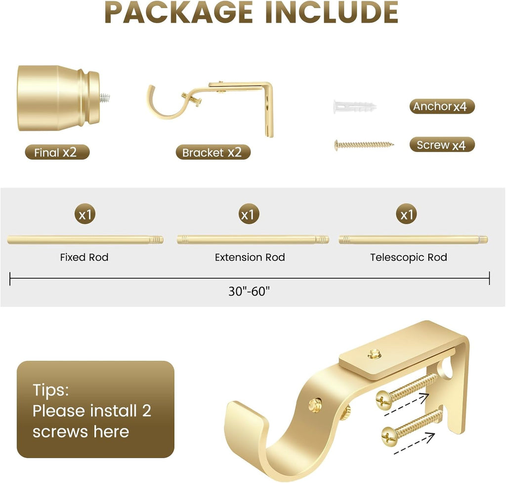 Skiennix Gold Curtain Rod - Heavy Duty Adjustable Telescopic Design | 30-60 Inch for Windows & Sliding Glass Doors