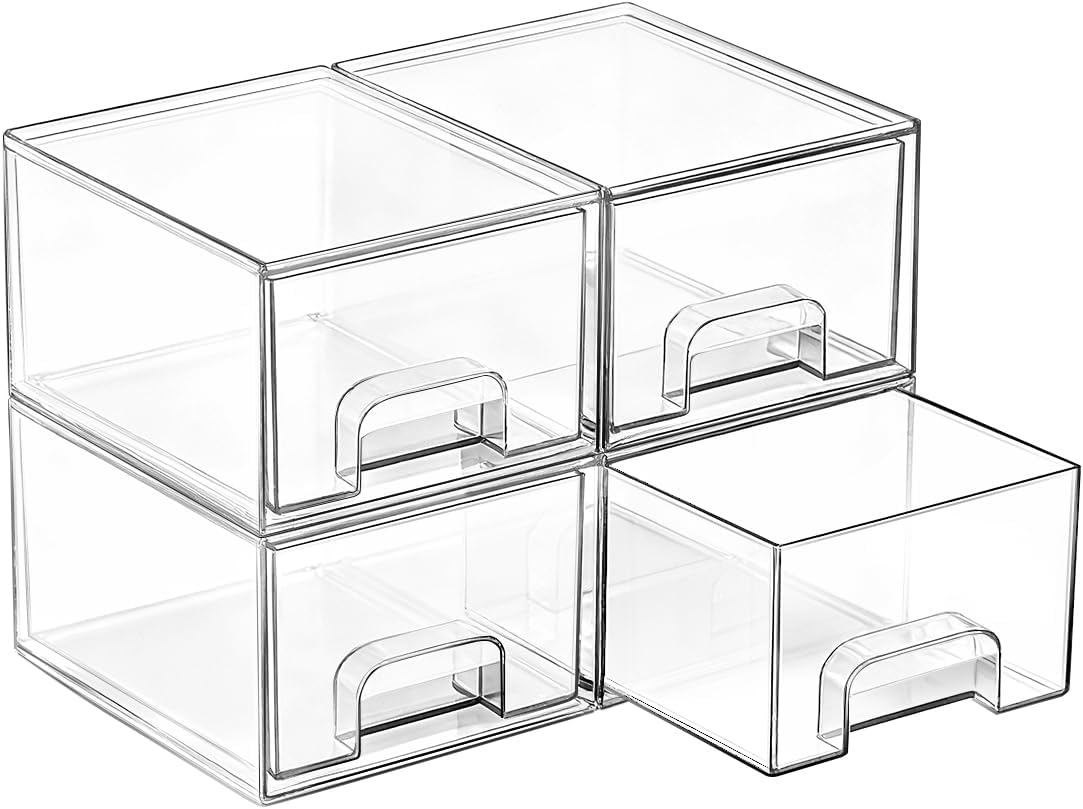 Vtopmart Small Clear Stackable Storage Drawers - Acrylic Makeup Organizer for Bathroom & Kitchen | 4 Pack