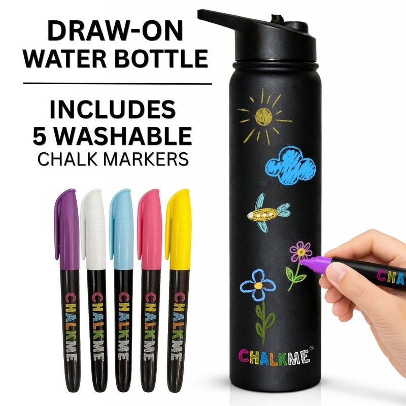 CHALKME Kids Water Bottle 25oz Stainless Steel Vacuum Insulated with Washable Chalk Markers Included, Decorate Your Own Water Bottle, Reusable Gift for Boys and Girls