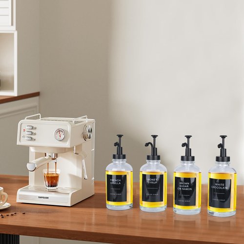 MSTCMZP Coffee Bar Accessories Coffee Syrup Dispenser with Labels,500ML Glass Dispenser Syrup Pump Dispenser(4pc Black)